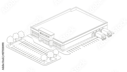 Shopping center building with parking lot.