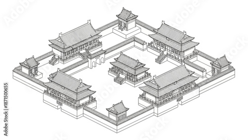 Chinese temple complex architecture 3D render Buddhist monastery.