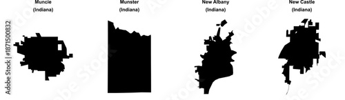 Muncie, Munster, New Albany, New Castle outline maps