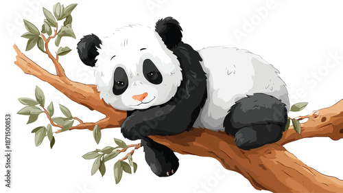 Adorable Panda Cartoon Climbing a Tree on White Background Vector Illustration