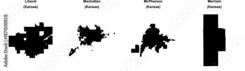 Liberal, Manhattan, McPherson, Merriam outline maps