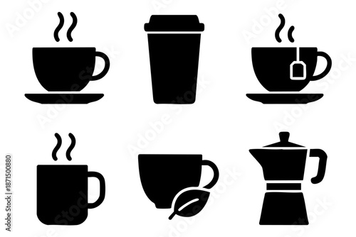 Coffee and tea silhouette icons set, hot drinks and cafe beverage symbols, black and white minimal vector illustration