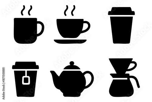 Coffee and tea silhouette icons set, hot drinks and cafe beverage symbols, black and white minimal vector illustration