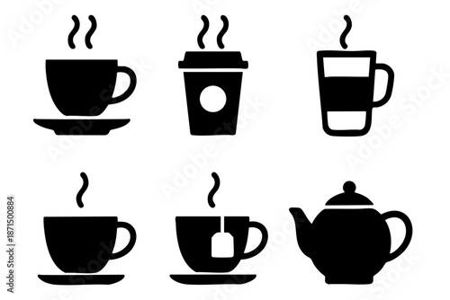 Coffee and tea silhouette icons set, hot drinks and cafe beverage symbols, black and white minimal vector illustration