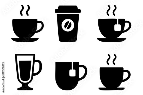 Coffee and tea silhouette icons set, hot drinks and cafe beverage symbols, black and white minimal vector illustration