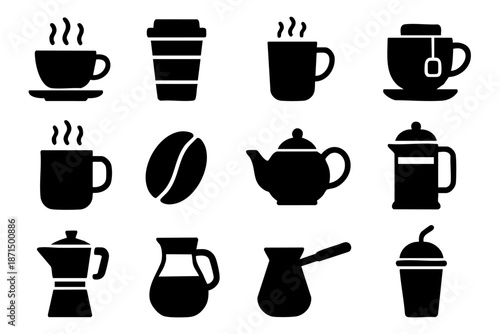 Coffee and tea silhouette icons set, hot drinks and cafe beverage symbols, black and white minimal vector illustration
