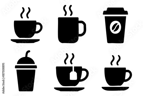 Coffee and tea silhouette icons set, hot drinks and cafe beverage symbols, black and white minimal vector illustration