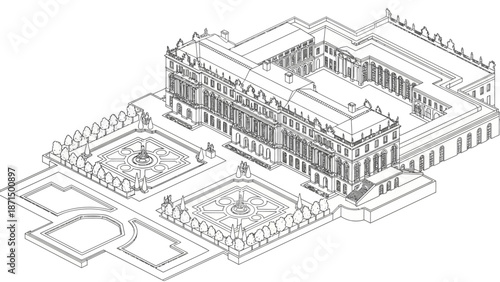 Luxury estate with gardens isometric view architectural design.