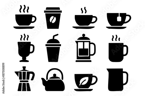 Coffee and tea silhouette icons set, hot drinks and cafe beverage symbols, black and white minimal vector illustration