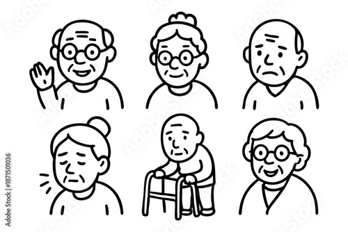 Elderly people and senior characters doodle icon set in black and white outline style