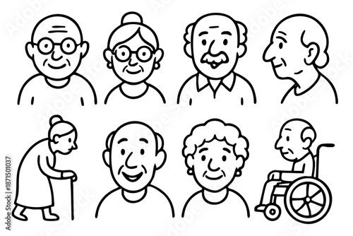 Elderly people and senior characters doodle icon set in black and white outline style