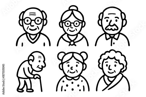 Elderly people and senior characters doodle icon set in black and white outline style