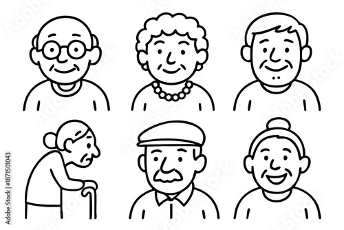 Elderly people and senior characters doodle icon set in black and white outline style