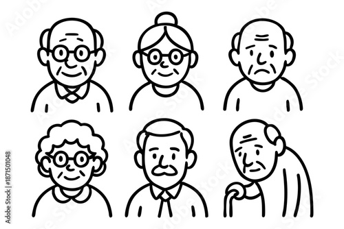 Elderly people and senior characters doodle icon set in black and white outline style
