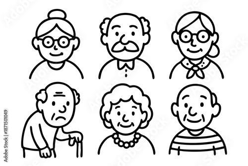 Elderly people and senior characters doodle icon set in black and white outline style