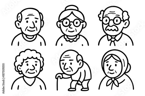 Elderly people and senior characters doodle icon set in black and white outline style