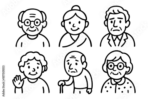 Elderly people and senior characters doodle icon set in black and white outline style