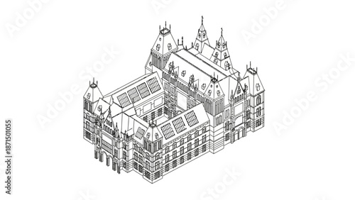 Gothic cathedral 3D model architectural sketch ornate building.