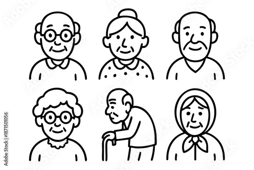 Elderly people and senior characters doodle icon set in black and white outline style