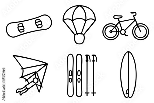 Extreme sports and adventure doodle icons set in black and white outline style