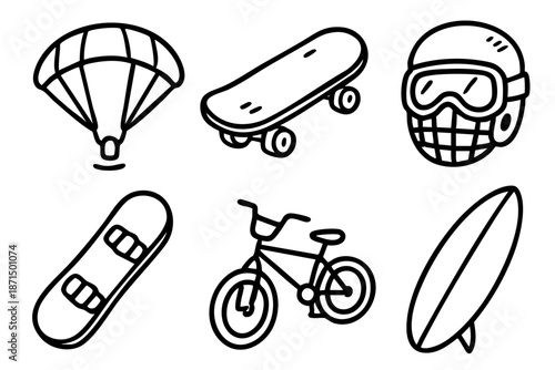 Extreme sports and adventure doodle icons set in black and white outline style
