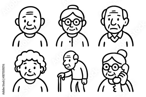 Elderly people and senior characters doodle icon set in black and white outline style