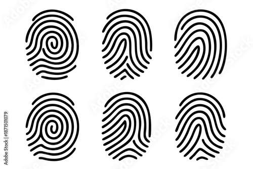 Fingerprint biometric security icons set in black and white minimal line style