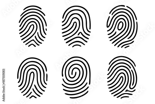 Fingerprint biometric security icons set in black and white minimal line style