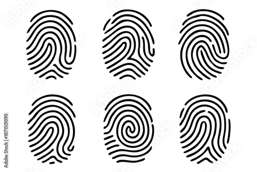 Fingerprint biometric security icons set in black and white minimal line style