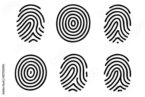 Fingerprint biometric security icons set in black and white minimal line style