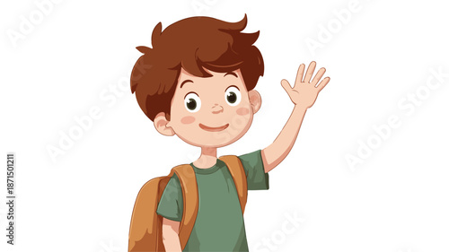 Adorable School Boy Waving Vector Illustration with Outline Isolated on White