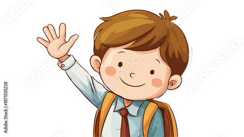 Adorable School Boy Waving Vector Illustration with Outline Isolated on White