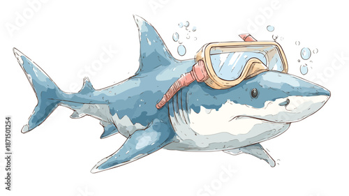 Adorable Shark in Snorkel Gear Vector Illustration with Outline on Isolated Background