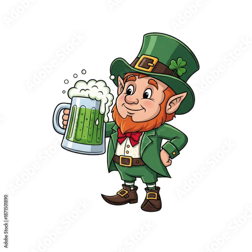 Cheerful leprechaun holding a mug of green beer, isolated on transparent background. Festive cartoon illustration perfect for Patrick’s Day marketing, party designs, and Irish celebration promotion