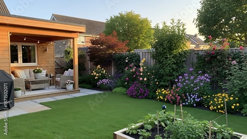 High Quality A charming suburban backyard with a lush green lawn, variety of plants, and a wooden extension of the house. Stock Photo for Commercial and Creative Use