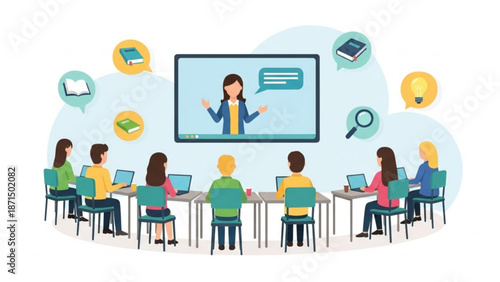 Students engaged in modern e-learning with teacher on screen