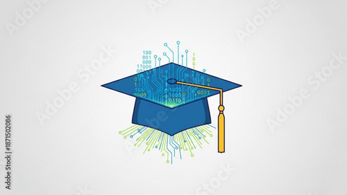 Graduation cap with glowing circuit board and binary code
