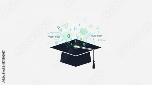 Graduation cap with digital circuit and data elements emerging