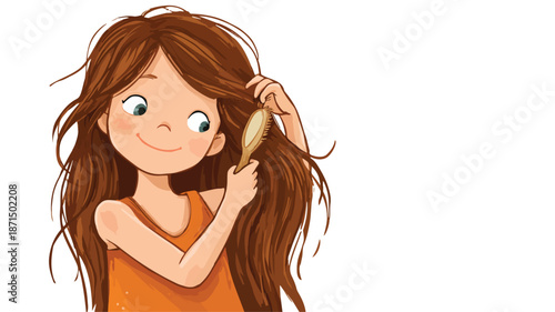 Little Girl Combing Hair Vector Illustration Isolated on White Background
