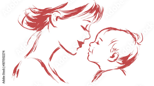 Tender Mother and Adorable Baby Vector Illustration with Outline on White Background