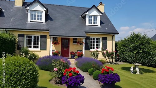 High Quality A cozy semi-detached house with a slate roof and a neatly maintained front yard, complete with shrubs and potted plants under a clear blue sky. Stock Photo for Commercial and Creative