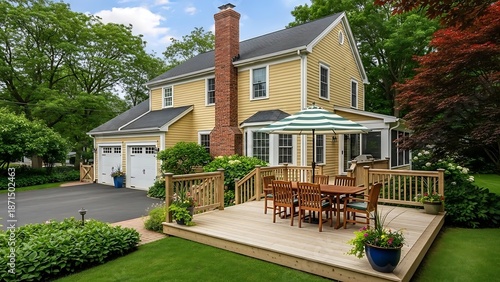 High Quality A charming two-story suburban house with a wooden deck and outdoor dining area surrounded by lush greenery. Stock Photo for Commercial and Creative Use