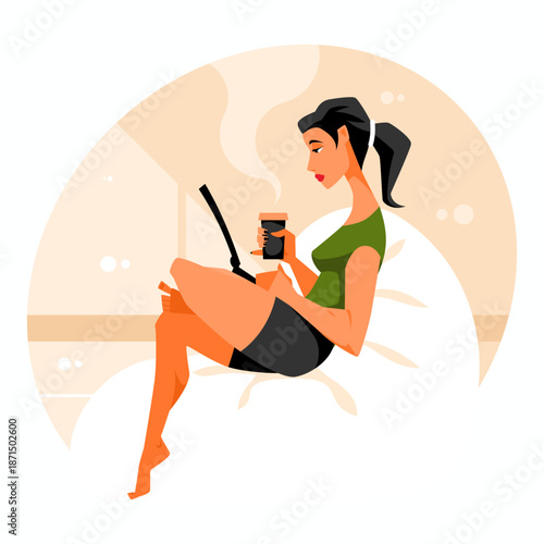 Woman with a laptop and a mug of coffee. Female programmer. Vector graphics