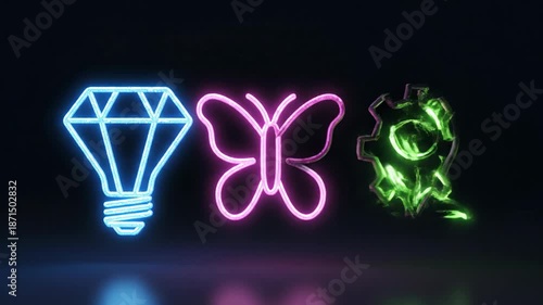 Neon outline icons morphing 4K video. Thin neon outline icons float against a dark background, smoothly morphing from one recognizable shape into another with fluid continuity.