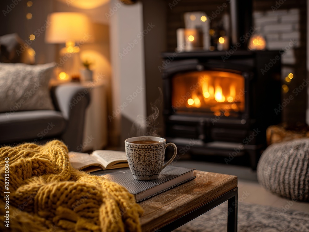Fototapeta premium Cozy living room with fireplace, blanket, tea, book on table in soft lighting during evening hours