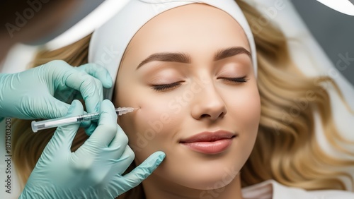 A woman receiving a facial injection from a medical professional in a clinical setting.