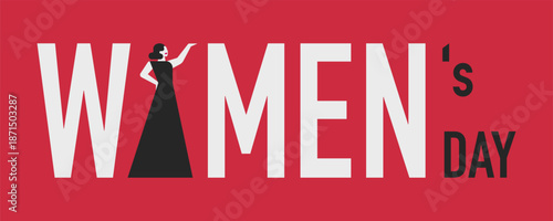 Women's Day greeting card with silhouettes of strong woman for 8 march on pink background. horizontal banner for females with greeting text. Vector illustration