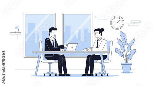 Business professionals collaborating on laptop in modern office setting