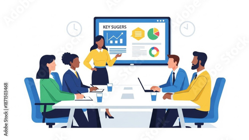Diverse team engaged in business presentation with key performance indicators
