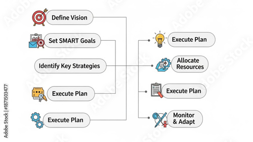Business strategy and planning process flowchart with icons